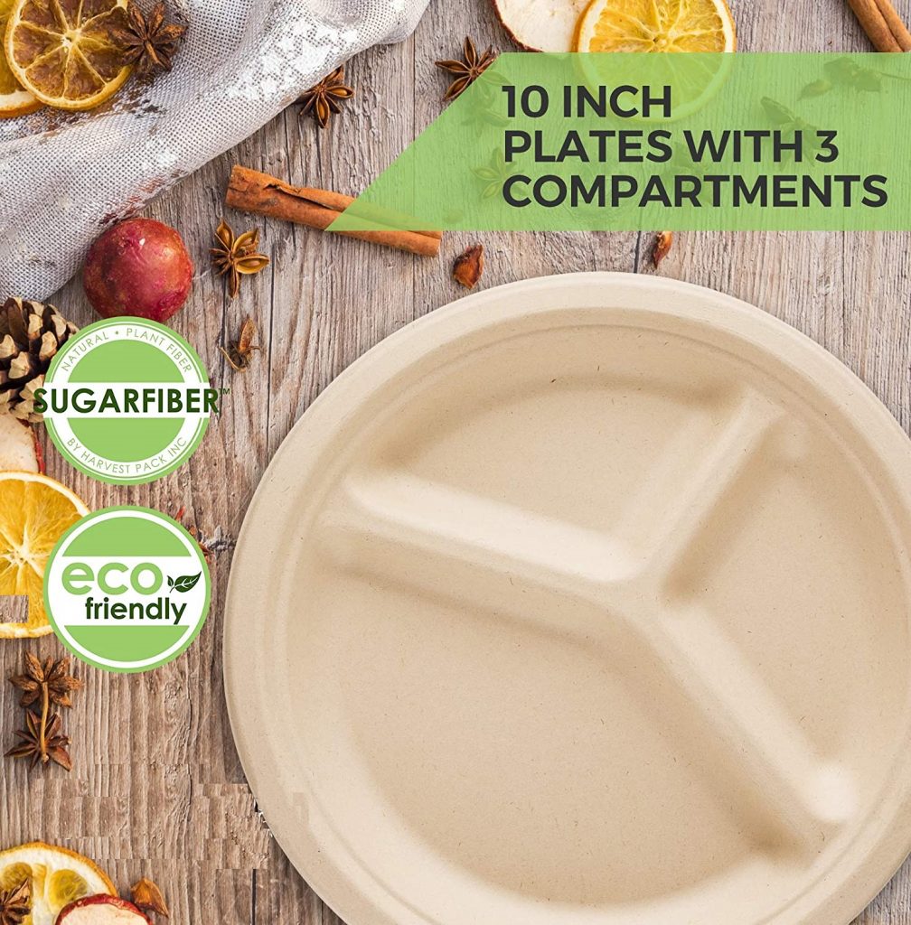 10inch Compostable Disposable Paper Plates, Round Divided 3