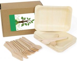 100 Pcs Palm Leaf Plates 8*6 inches Rectangle Disposable Dinnerware Bulk Set Party Plate Forks Knives Spoons Bamboo Straws