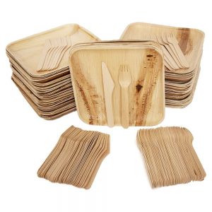 Disposable party pack of 150 Palm Leaf Plates with Cutlery 50 Disposable Square Palm Leaf Plates 50 Wood Forks 50 Wood Knives
