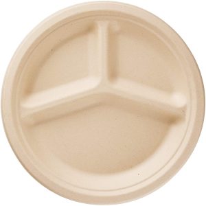 100% Compostable Paper Plates [10 inch – 125-Pack] 3 Compartment Disposable Plates Heavy-Duty Quality, Natural Bagasse