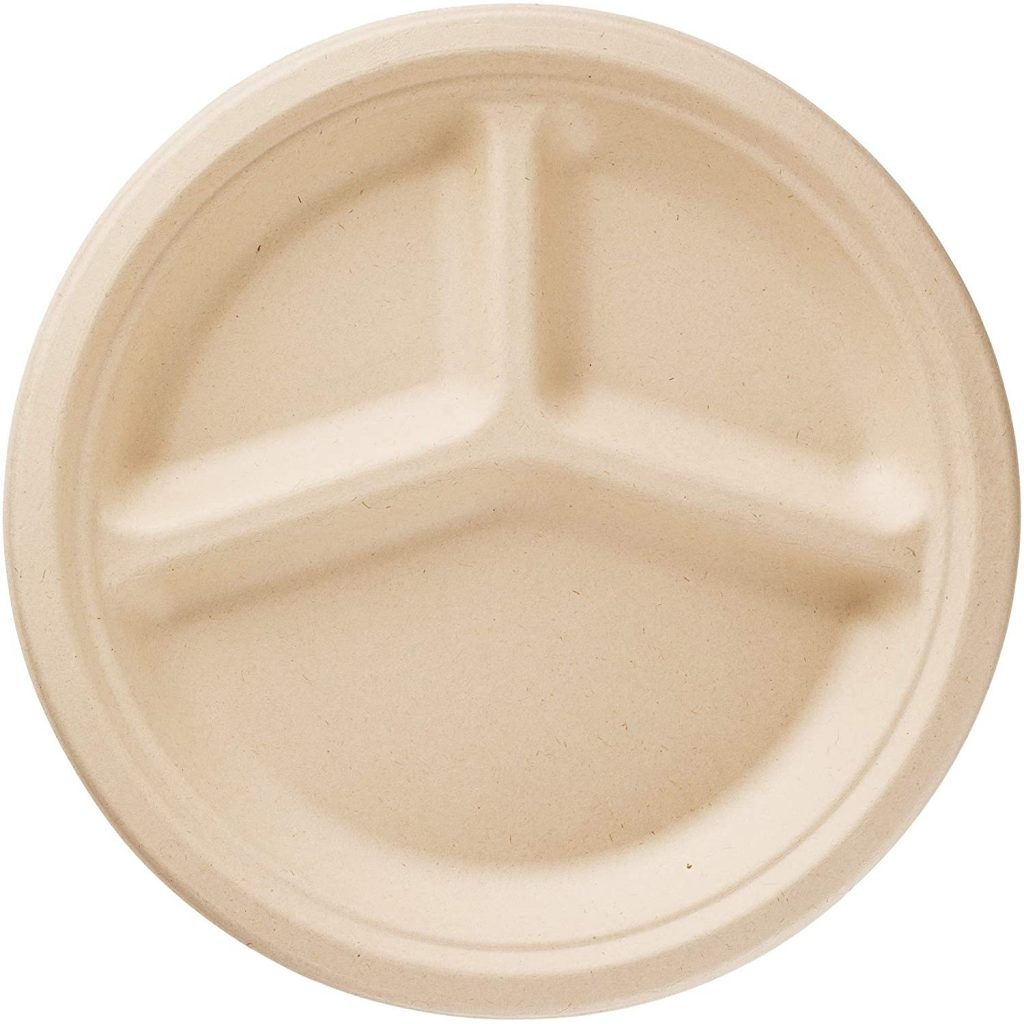 10inch Compostable Disposable Paper Plates, Round Divided 3 Compartments, Made from Eco