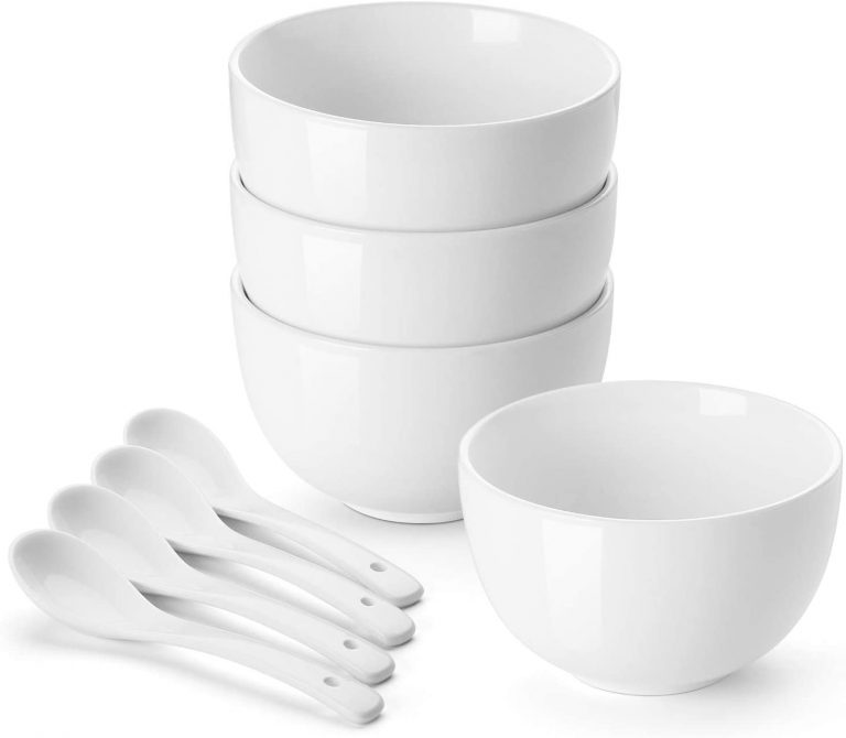 Ramen Bowls and Spoons Set, 30 Ounces Deep Soup Bowls with Spoons, White Cereal Bowl for Oatmeal